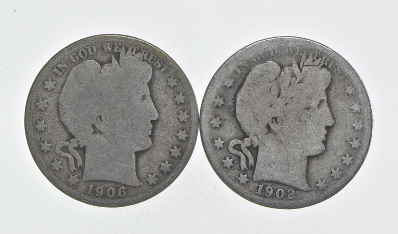 1892-1915 Lot 2 1906 1902 Barber 90% Half Dollars - Coin Collection *072
