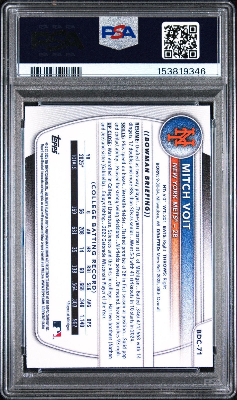 2025 BOWMAN DRAFT MEGA BOX CHROME PROSPECTS IMAGE VARIATION MITCH VOIT PSA 10 view 2