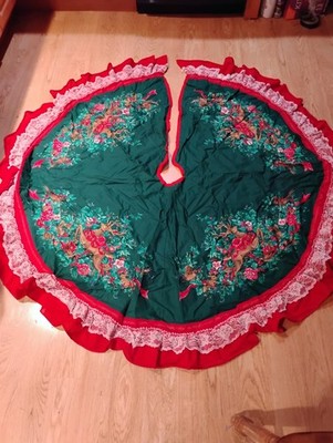 Vintage Christmas Tree Skirt Red Green White Deer Pheasant Squirrel Ruffles Lace