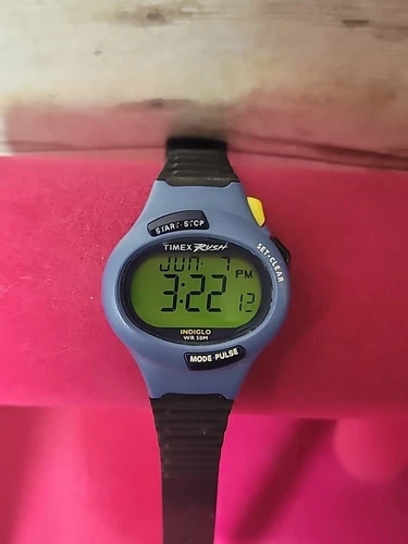 Vintage Timex Rush 34MM Digital Watch Blue Case Black Band Indiglo Works