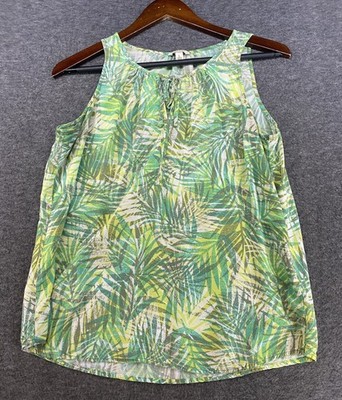 Sonoma Tank Top Womens Large Green Yellow White Hawaiian Sleeveless Tied V Neck
