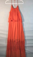 Bisou Bisou Michele Bohbot Orange Crochet Lace Beaded Halter Maxi Dress Sz 8 Y2K