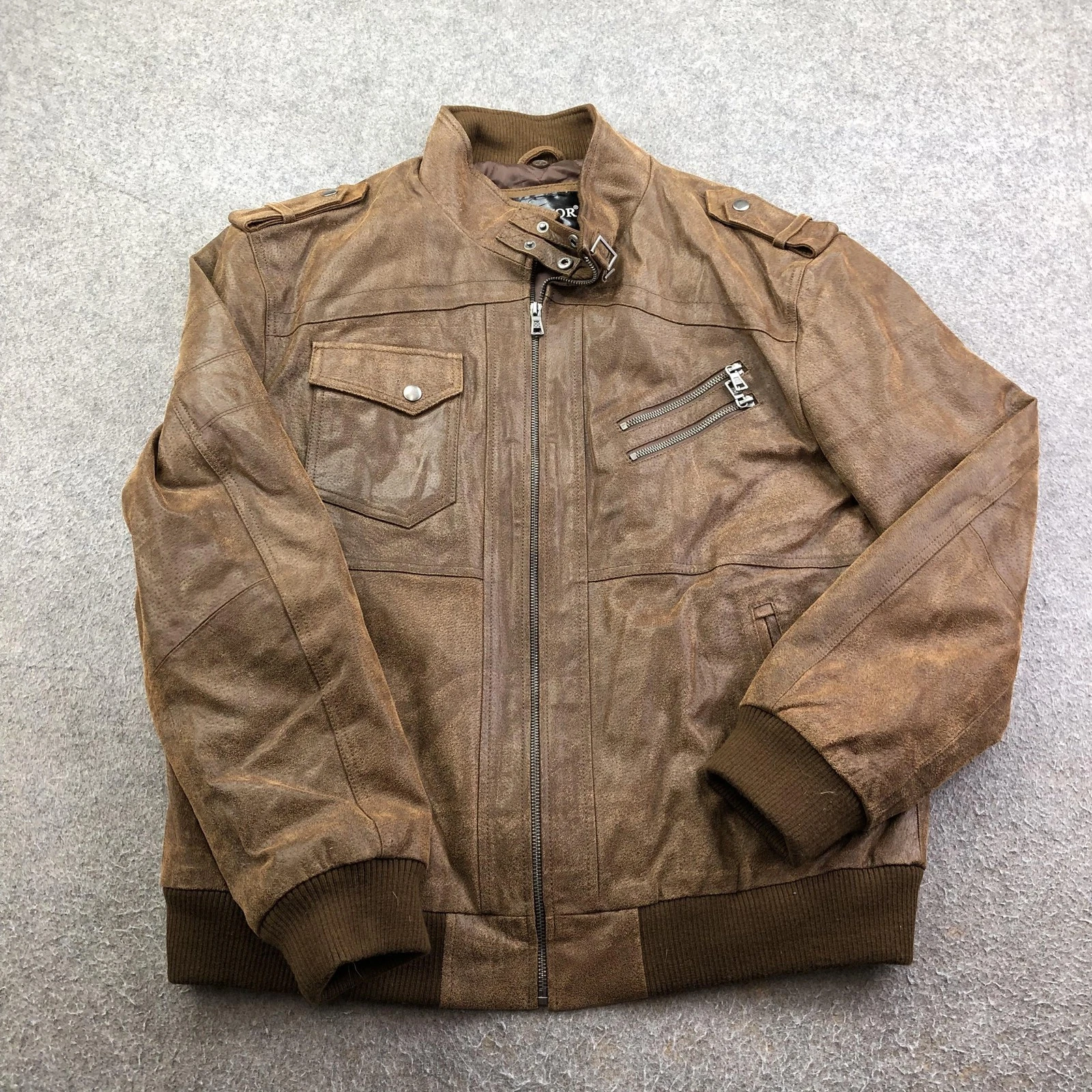 FLAVOR Jacket Mens Large Brown Faux Leather Bomber Full Zip Quilted Lined Moto