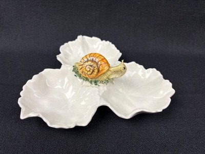 VTG Majolica Palissy Snail Dish 3 Section Ceramic Trinket Holder 8''x8'' Italy