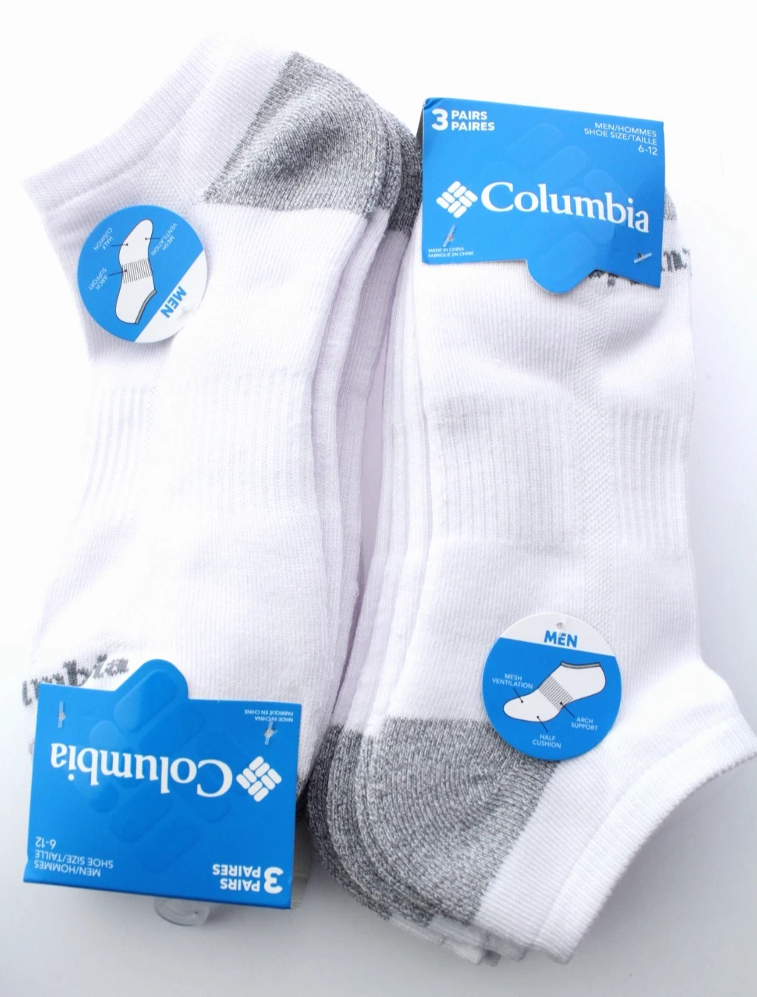 6-PACK / COLUMBIA Men's HALF-CUSHION / LOW-CUT White SOCKS - Size 6-12