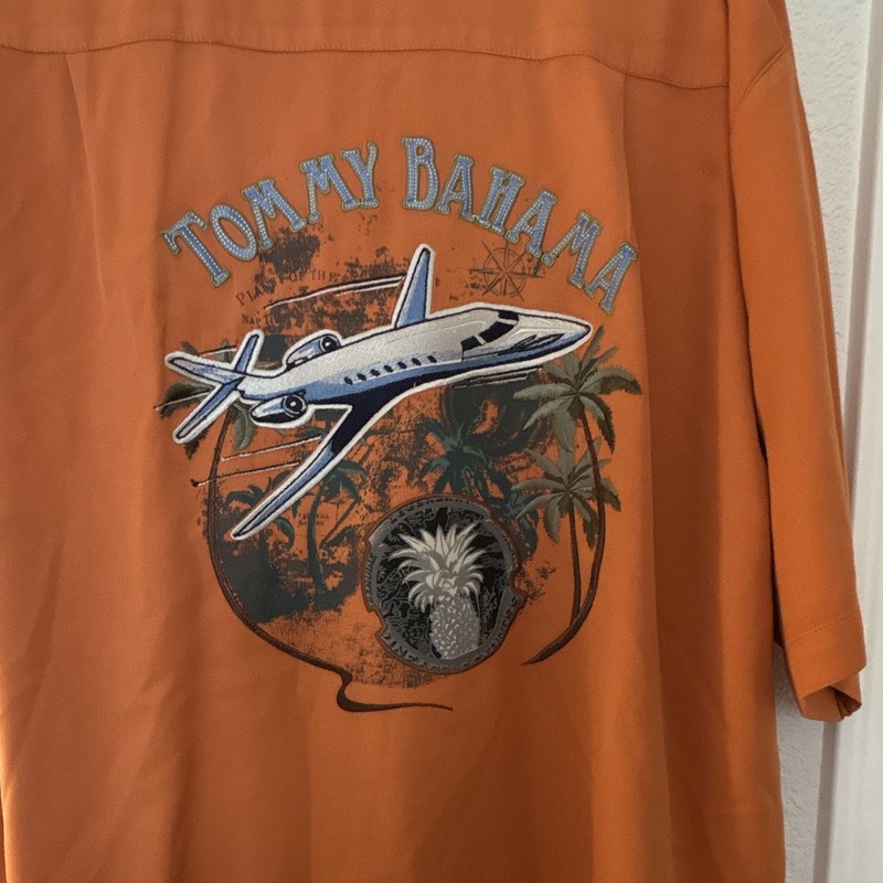 Tommy Bahama Men's XL Orange Airplane Graphic Print Short Sleeve Woven Shirt