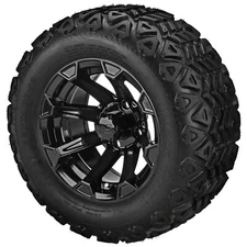 (4) Golf Cart 22x11-12 Black Trail A/T Tires on 12x7 Gloss Black Viking Wheels