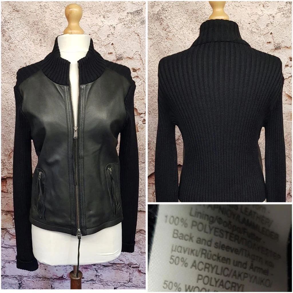 RIVER ISLAND VINTAGE BLACK LEATHER PANEL WOOL KNIT JACKET CARDIGAN SIZE 14