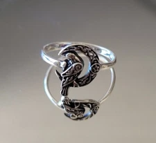 Sterling Silver Raven On Crescent Moon With Pentagram Ring - Silver Celtic Ring