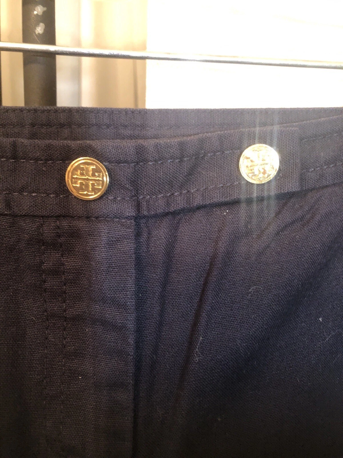 Pantaloni donna Tory Burch cotone navy pantaloni 4 bottoni oro zip davanti gamba dritta
