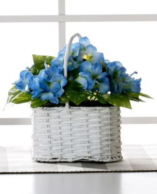 NEW Lighted Floral LED Wicker Basket blue faux flowers battery power 12.5x10.5x8