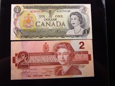 Canada 1 Dollar 1973 + $2 1986 Pair h0189 Queen Elizabeth II Banknote Money