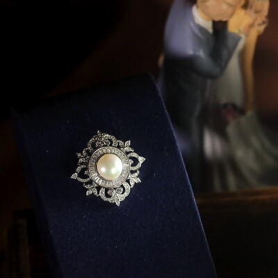 Brosche Echte Zuchtperle Weiß besetzt CZ Belle Epoque Vintage Stil XZ22