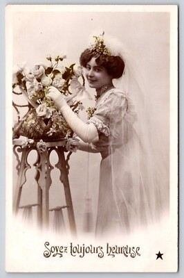 Always Be Happy Pretty Lady Young Bride Wedding Gown Veil Flowers Postcard RPPC