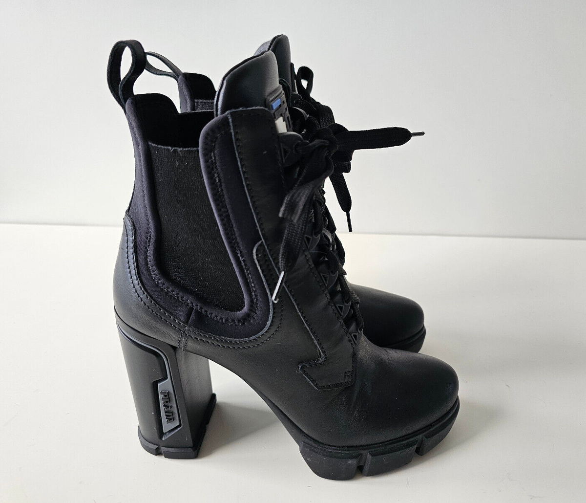 Prada Black Leather Neoprene Moto Combat Platform Ankle Prada Black Leather Neoprene Moto Combat Platform Ankle