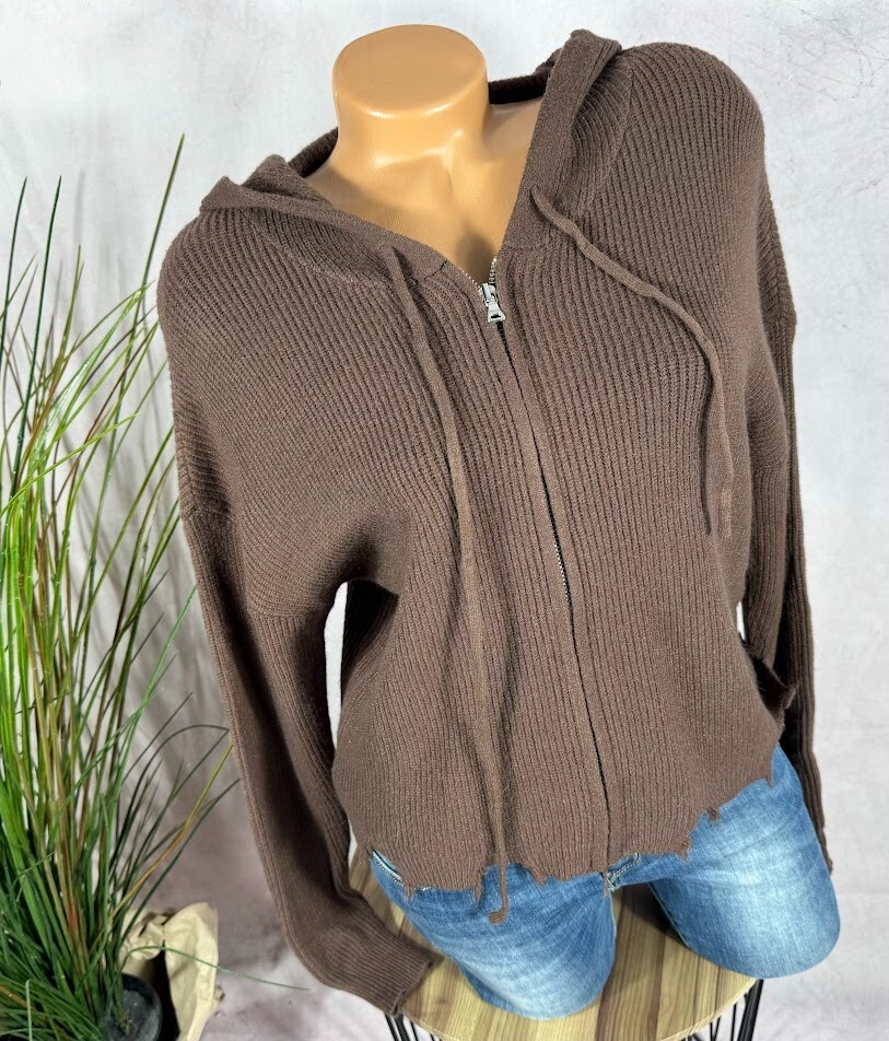 Rippen Strickjacke Cardigan mit Kapuze Zipper Italy BRAUN 36 38 40