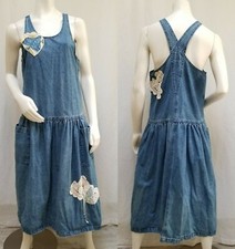 Vintage 70/80's Blue Jean Denim Jumper Dress with Crochet Appliques - Size M/L