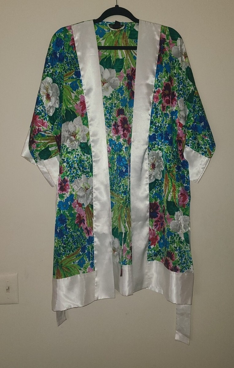 Vtg Amour de Nuit Asian Floral Kimono Sleeve Short Robe Tie Women's One  Sz EUC