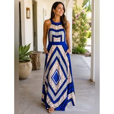 Eliza J Maxi Dress Womens Size 8 Royal Blue Cream Excellent Geometric Halter
