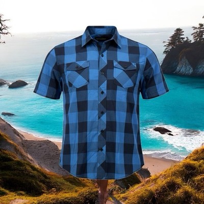 burnside Mens button down shirt Large Plaid Blue Black Short Sleeve