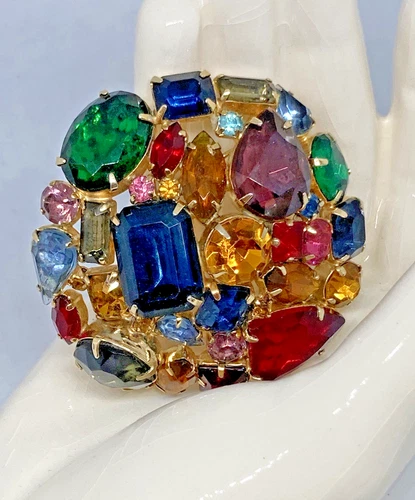 Vintage Rhinestone Brooch Multicolored Domed Cluster Costume Jewelry Unsigned