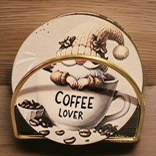 Set Of 6 Round Coasters Featuring Coffee-Themed Gnome Illustrations