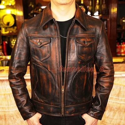 Mens Retro Distressed Genuine Leather Coat Pockets Motorcycle