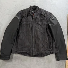 Icon Strongarm Motorcycle Biker Denim Jean Jacket Leather Sleeves Mens L Large