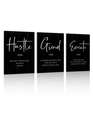 Inspirational Quotes Office Wall Art: Hustle, Grind, Execute. 3-Pc Set