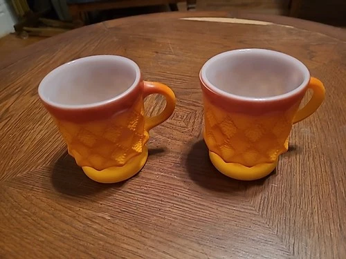 2 Fire King Orange Dimple Vintage Mug Coffee Cups 1970's Prop Anchor Hocking