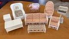Vtg 1985 Multi-Toys Doll Furniture 7-Piece Patio Set + Wicker Chr& Grill Barbie
