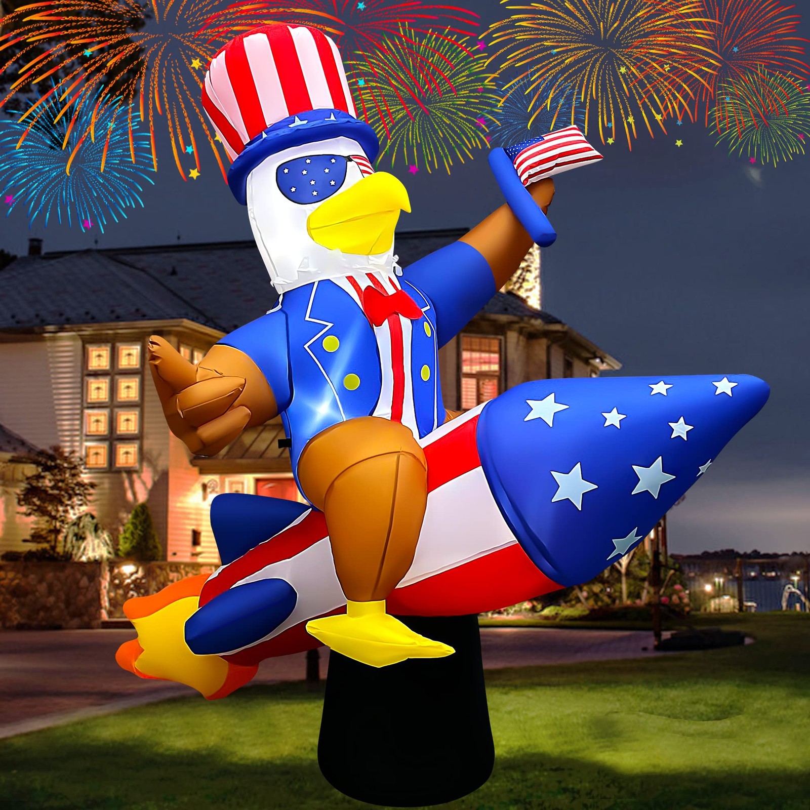 SEASONBLOW 6 Ft 4th of July Inflatable Eagle on Rocket LED Light Decor