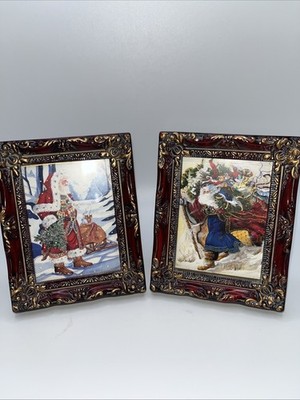 Framed Old World Style Santa Clause Pictures (2) And  2 Gift Tags New