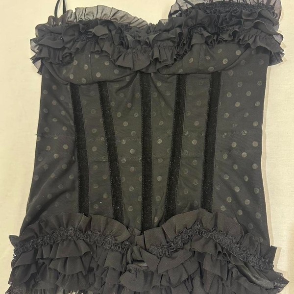 Vintage Y2k Black polka dot, Sexy Coquette Goth Boned Bustier Corset top