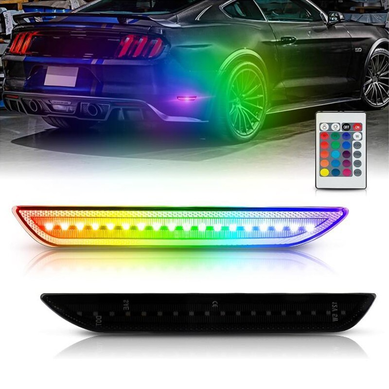 2x Smoked RGB LED Rear Bumper Side Marker Brake Light for Ford Mustang 2015-2023