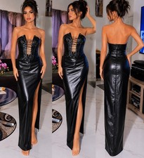 Windsor M Black Faux Leather Sweetheart Strapless Lace-Up Slit Long Bodycon