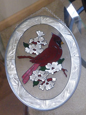 Hand Painted Glass WINDOW Suncatcher RED CARDINAL BIRD on FLOWER BRANCH FREESHIP