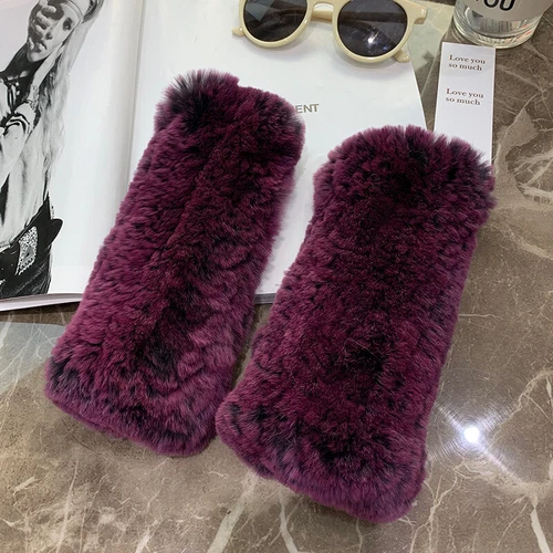Womens Winter Real Rabbit Fur Gloves Knitted Stretch Fingerless Mitten Gloves - Picture 36 of 102