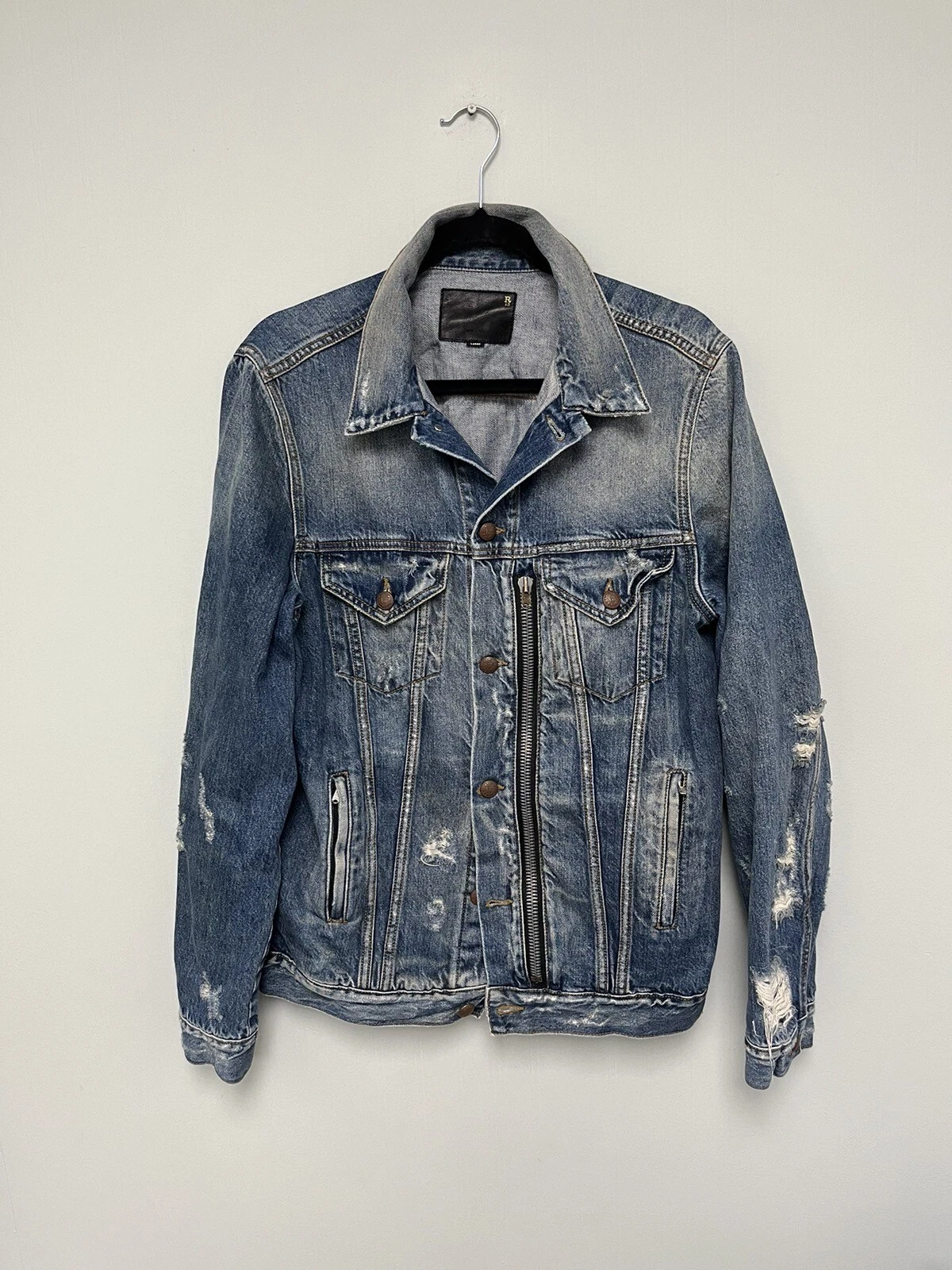 $1250 R13 Distressed Zipper Trucker Blue Jacket Large - product detail image 18