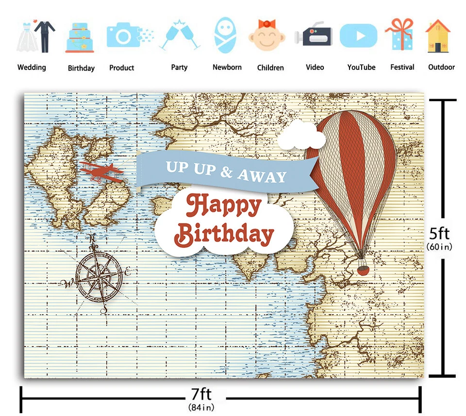 Telón de fondo globo aerostático carta náutica baby shower niño cumpleaños pancarta telón de fondo Foto 3 de 4