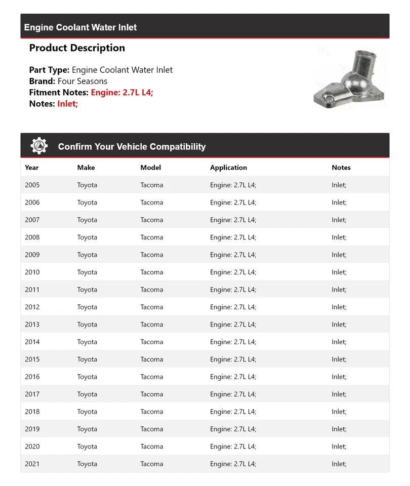 Para Toyota Tacoma 2005-2021 2,7 L motor L4 refrigerante entrada de agua 4 estaciones 2006 Foto 2 de 4