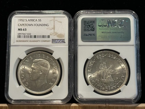 SOUTH AFRICA 5 Shillings 1952, NGC MS 63 Choice UNC BU, Lustrous, Cape Town. D1