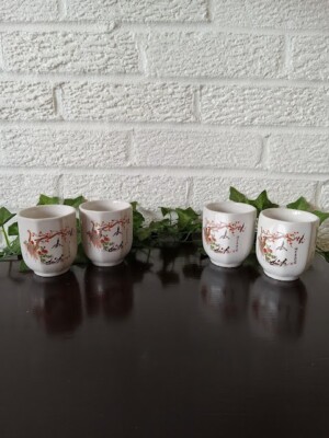 Set of 4 Sake/Tea Cups Handpainted Plum Bird Paradise Signed