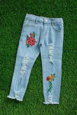 Girls Distressed Skinny Fit Jeans with Embroidered Roses (Sizes 5/6 and 6/7)
