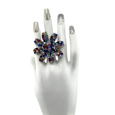 Flower Statement Ring Multicolor Rhinestone Adjustable Size Silver-Tone Metal