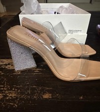 Schutz Ariellen Vinyl Crystal Block-Heel Sandals Nude Size 7.5 BN