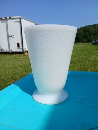Vintage Milk Glass Footed Vase Large White Basket Weave 8.5” Tall x 6”