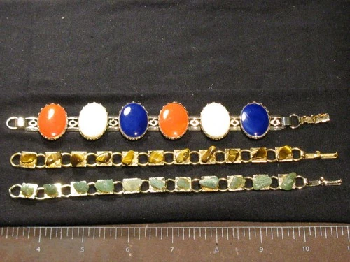 Lot of 3 Vintage Costume Jewelry Bracelets enamel tiger eye natural green stone