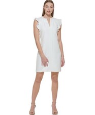 Vince Camuto Women's Sz 4 Sleeveless V Neck Laguna Shift Dress Ivory Ruffle LWD
