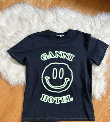 GANNI Hotel Smiley Face Graphic Navy 100% Cotton Crew Neck T-Shirt XS